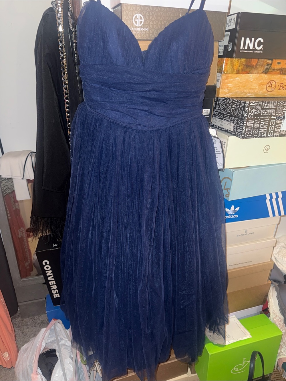 Giani Bernini Navy Blue Tulle Midi Dress with Spaghetti Straps
